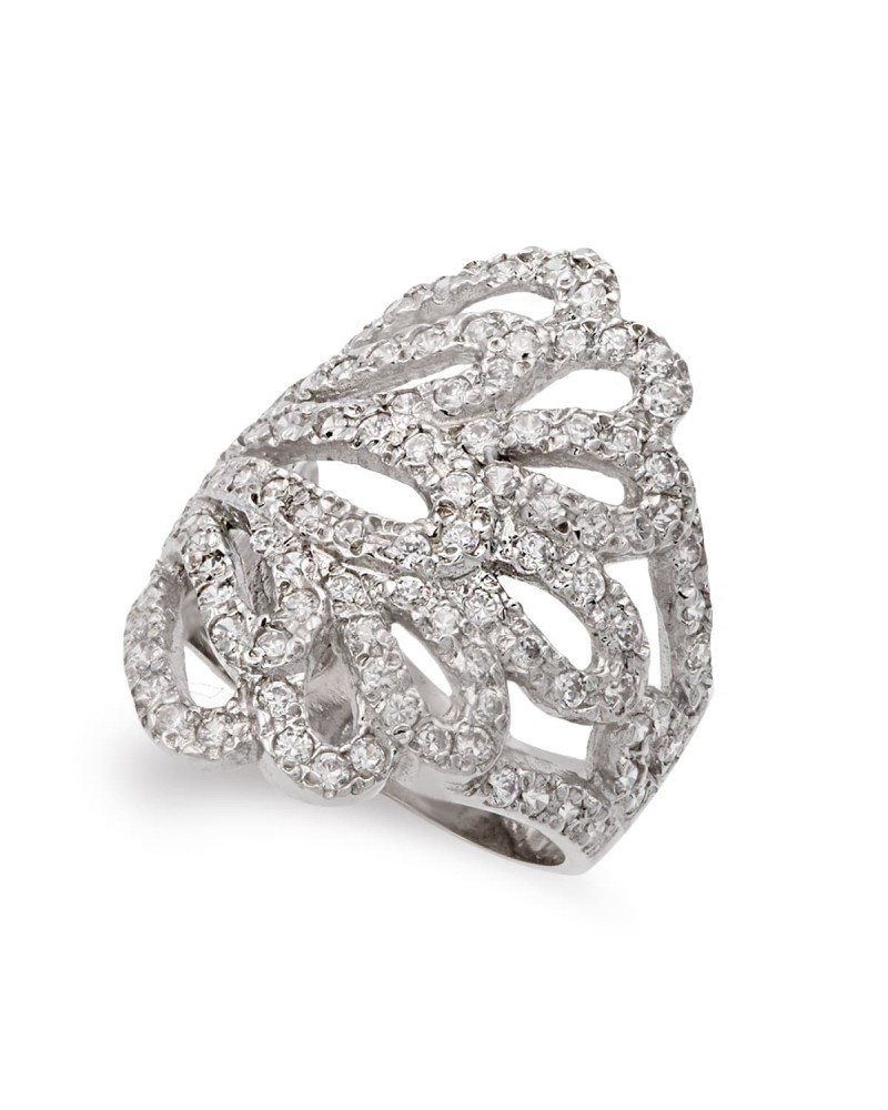 Sortija oro blanco 18k hojas circonita ancho 27mm