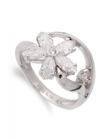 Sortija oro blanco 18k flor circonitas 13mm