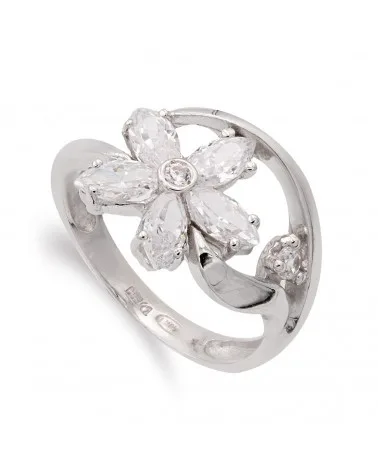 Sortija oro blanco 18k flor circonitas 13mm