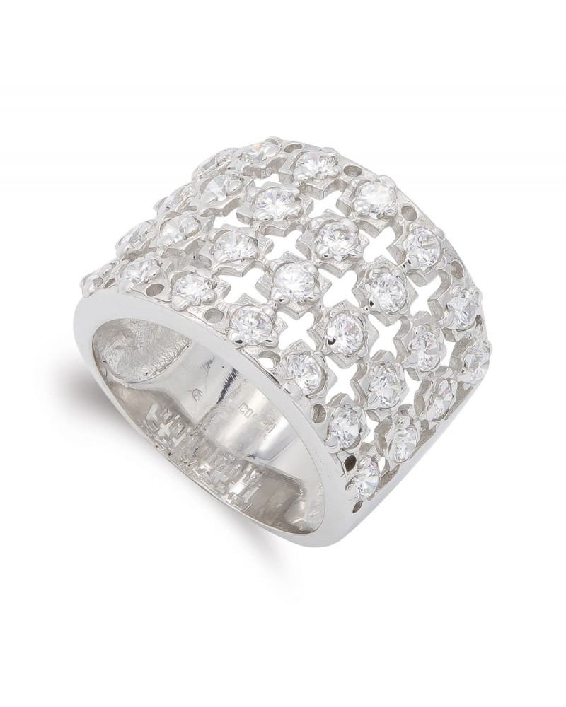 Sortija oro blanco 18k circonitas ancho 15mm