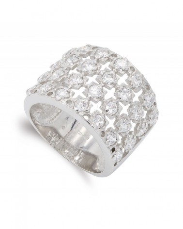 Sortija oro blanco 18k circonitas ancho 15mm
