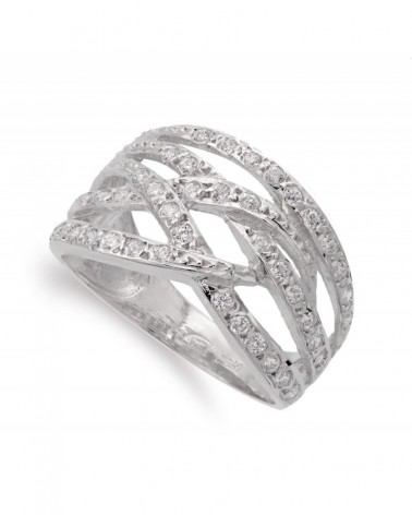 Sortija oro blanco 18k bandas entrelazadas circonita 12mm