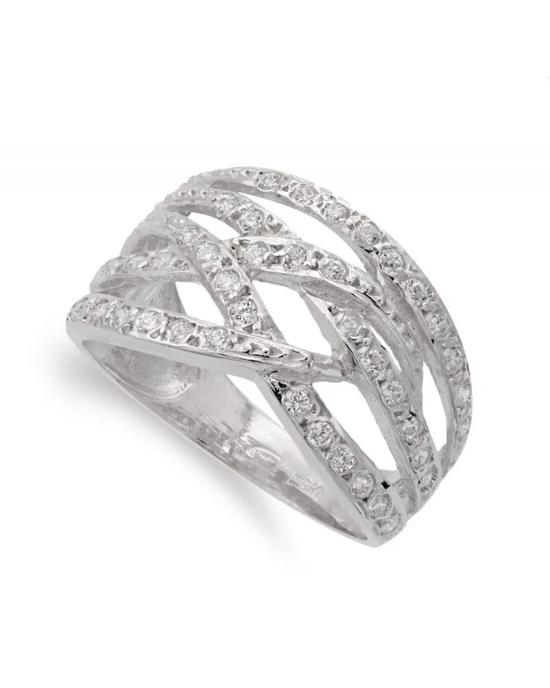 Sortija oro blanco 18k bandas entrelazadas circonita 12mm