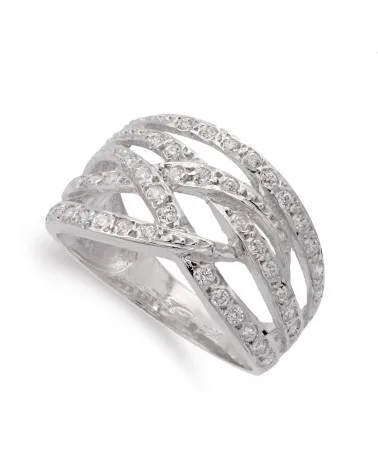 Sortija oro blanco 18k bandas entrelazadas circonita 12mm