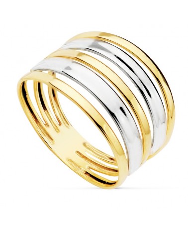 Sortija oro 18k bicolor bandas superpuestas 13mm
