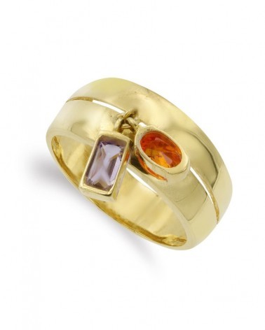 Sortija oro 18k amarillo amatista y piedra naranja 9mm