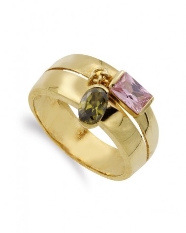 Sortija oro 18k bicolor dos piedras rosa y verde 9mm