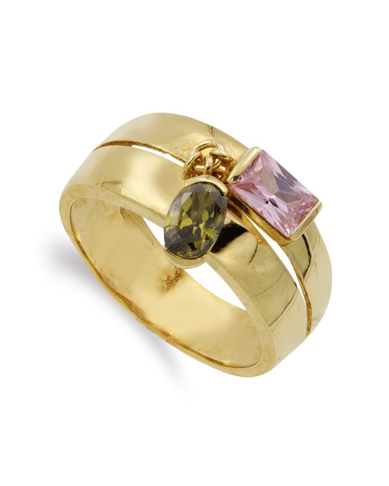 Sortija oro 18k bicolor dos piedras rosa y verde 9mm