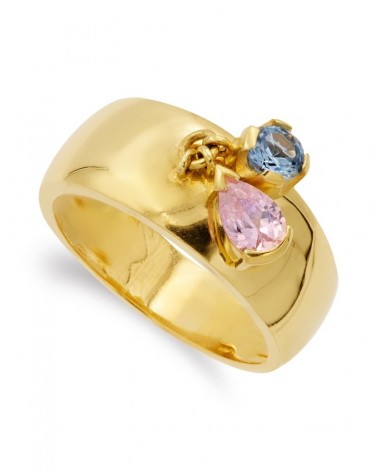 Sortija oro 18k piedras color rosa y aguamarina ancho 8,5mm