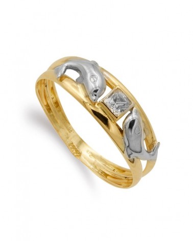 Sortija oro 18k bicolor delfines circonita 6mm