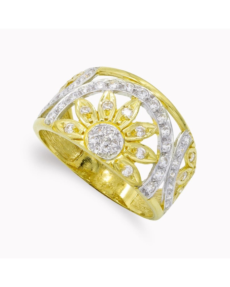 Sortija oro 18k bicolor diseño floral circonitas 12,5mm