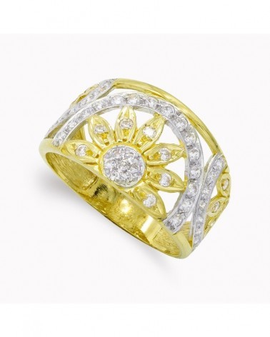 Sortija oro 18k bicolor diseño floral circonitas 12,5mm