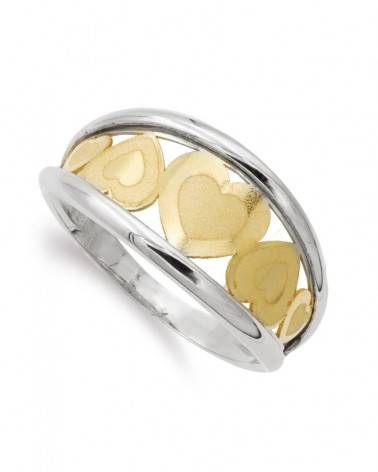 Sortija oro 18k bicolor corazones mate y brillo 9mm