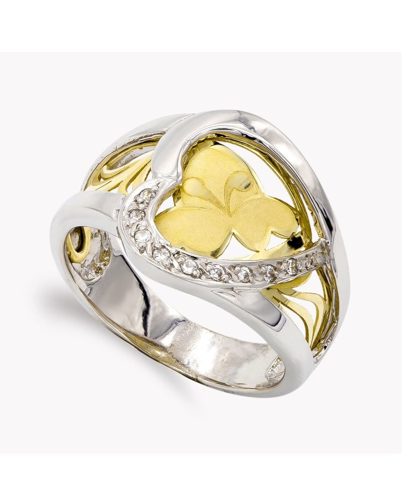 Sortija oro 18k bicolor corazón mariposa circonitas 14,5mm