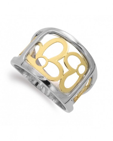Sortija oro 18k bicolor flores caladas diamante 15mm