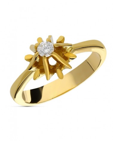 Solitario oro 18k diamante engaste flor 9mm