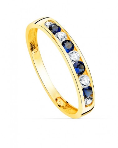 Anillo oro amarillo 18k circonitas azules y blancas 3,5mm