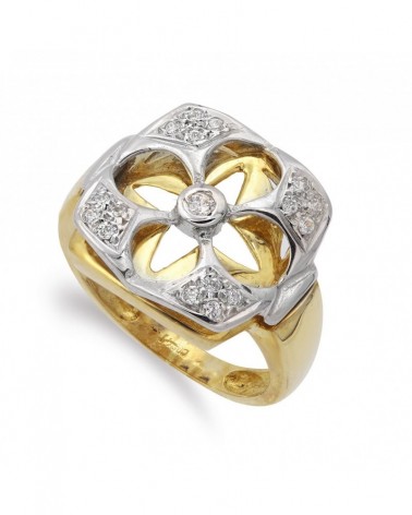 Sortija oro 18k bicolor flor calada circonitas 16mm