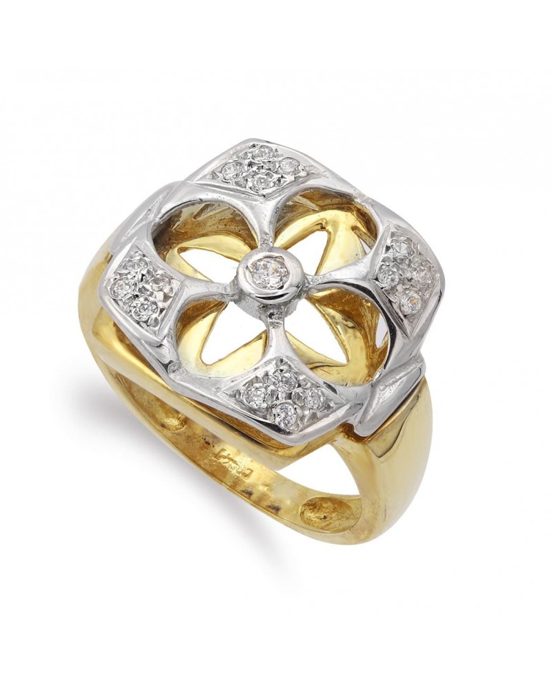 Sortija oro 18k bicolor flor calada circonitas 16mm