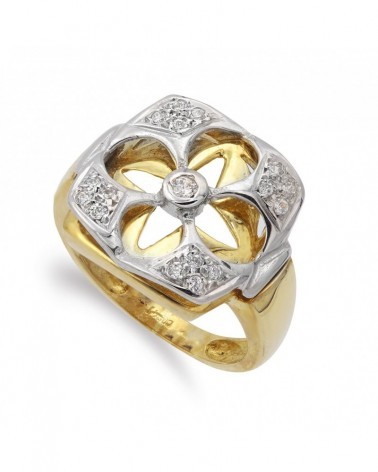 Sortija oro 18k bicolor flor calada circonitas 16mm