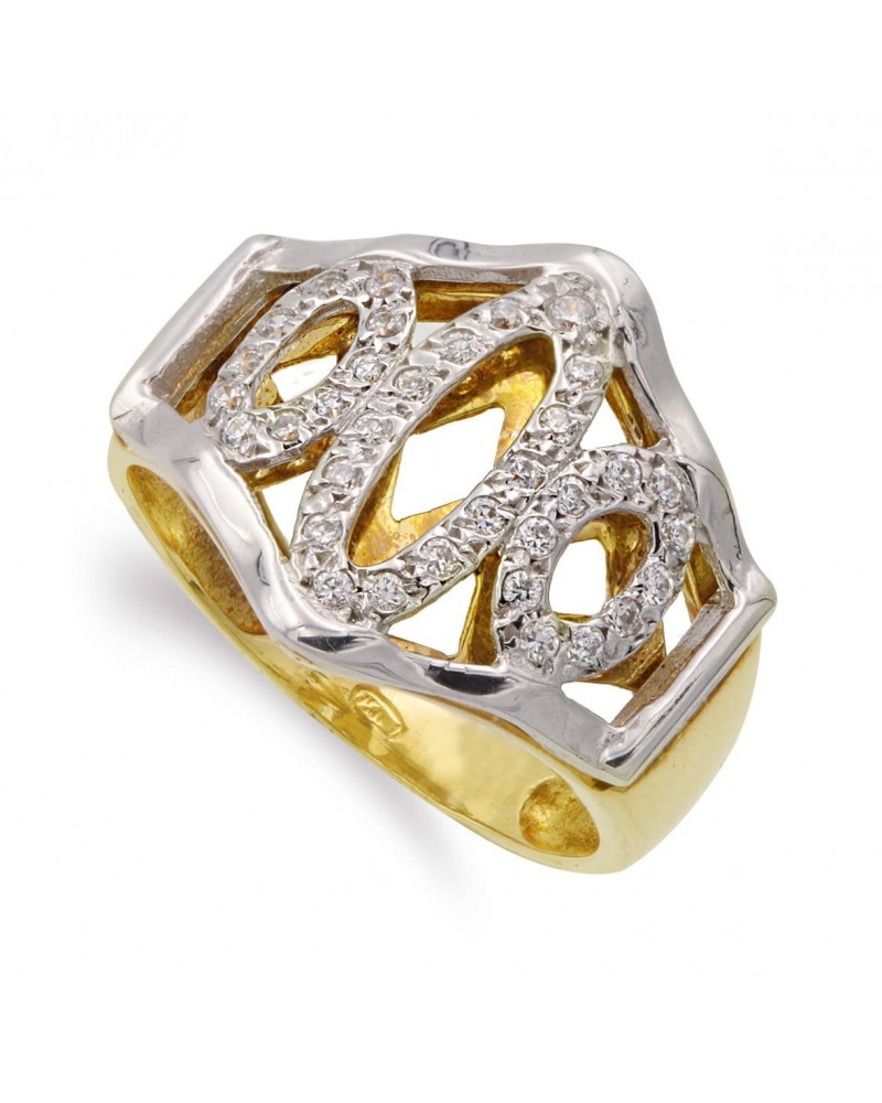 Sortija oro 18k bicolor motivos geométricos circonitas