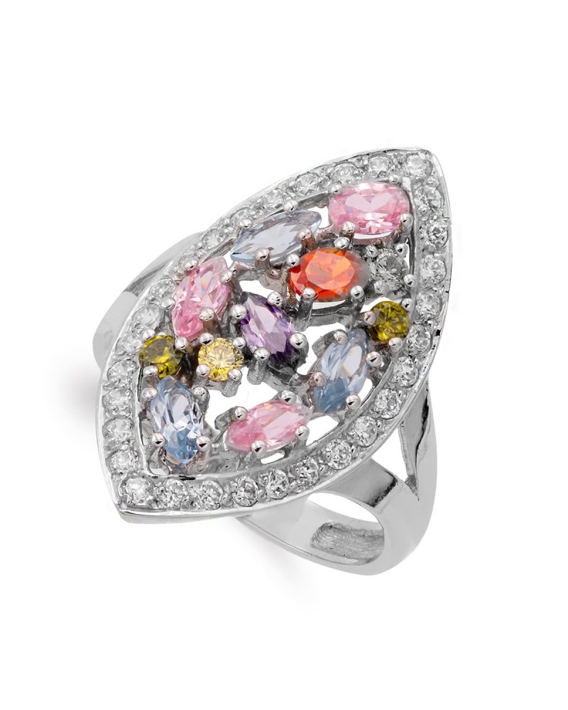 Sortija oro blanco 18k lanzadera circonitas multicolor