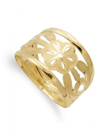 Sortija oro 18k flores caladas mate y brillo 14mm