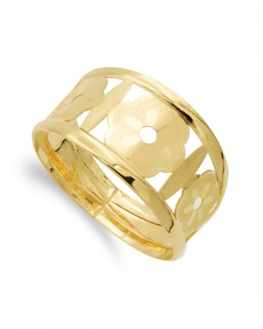 Sortija oro 18k flores caladas mate y brillo 16mm