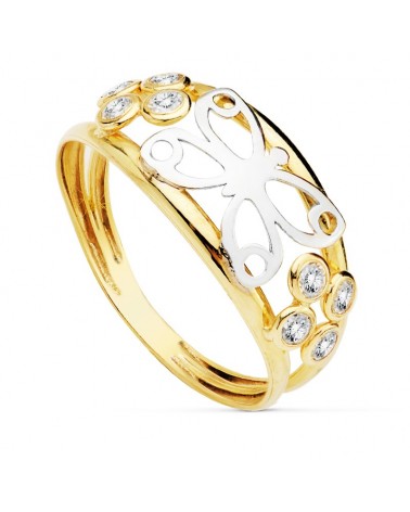 Anillo oro 18k bicolor mariposa calada circonitas 8,5mm