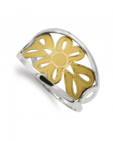 Sortija oro 18k bicolor flor calada 14mm