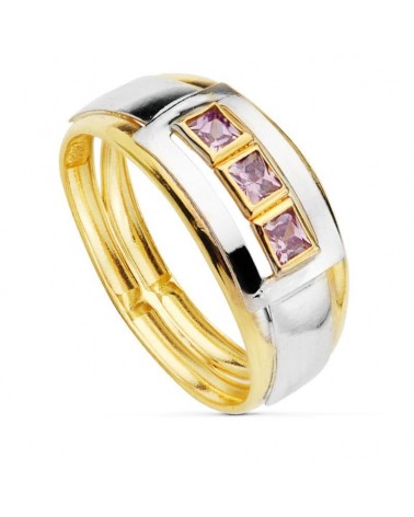 Sortija oro 18k bicolor circonita tres piedras 12mm
