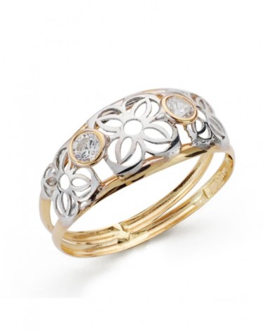 Sortija oro 18k bicolor flores caladas circonitas