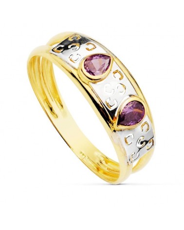 Sortija oro 18k bicolor circonitas violetas 4mm