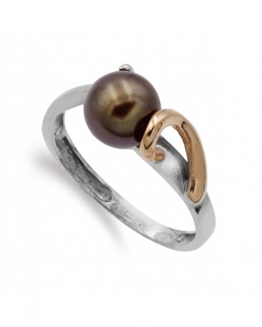 Sortija oro 18k bicolor perla chocolate 7mm