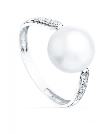 Sortija oro blanco 18k perla circonita 10mm