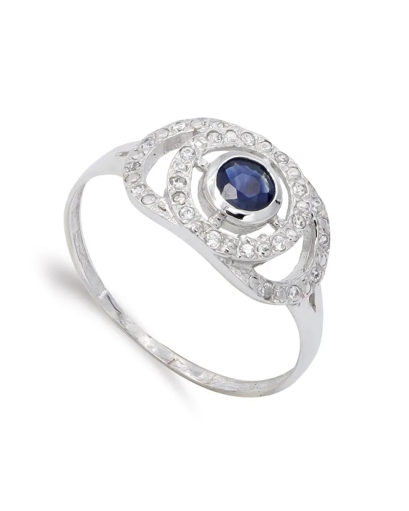 Sortija oro blanco 18k piedra color zafiro circonitas 9mm