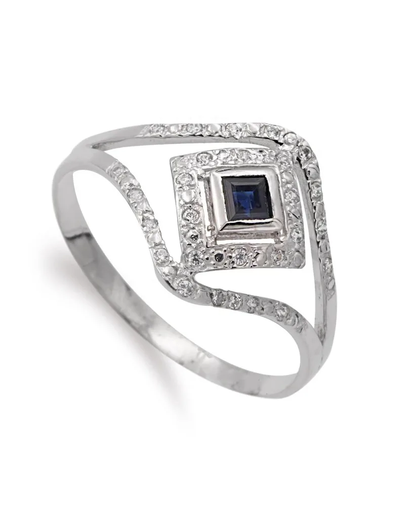 Sortija oro blanco 18k piedra color zafiro y circonitas 13mm