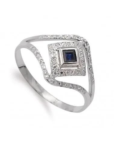 Sortija oro blanco 18k piedra color zafiro y circonitas 13mm