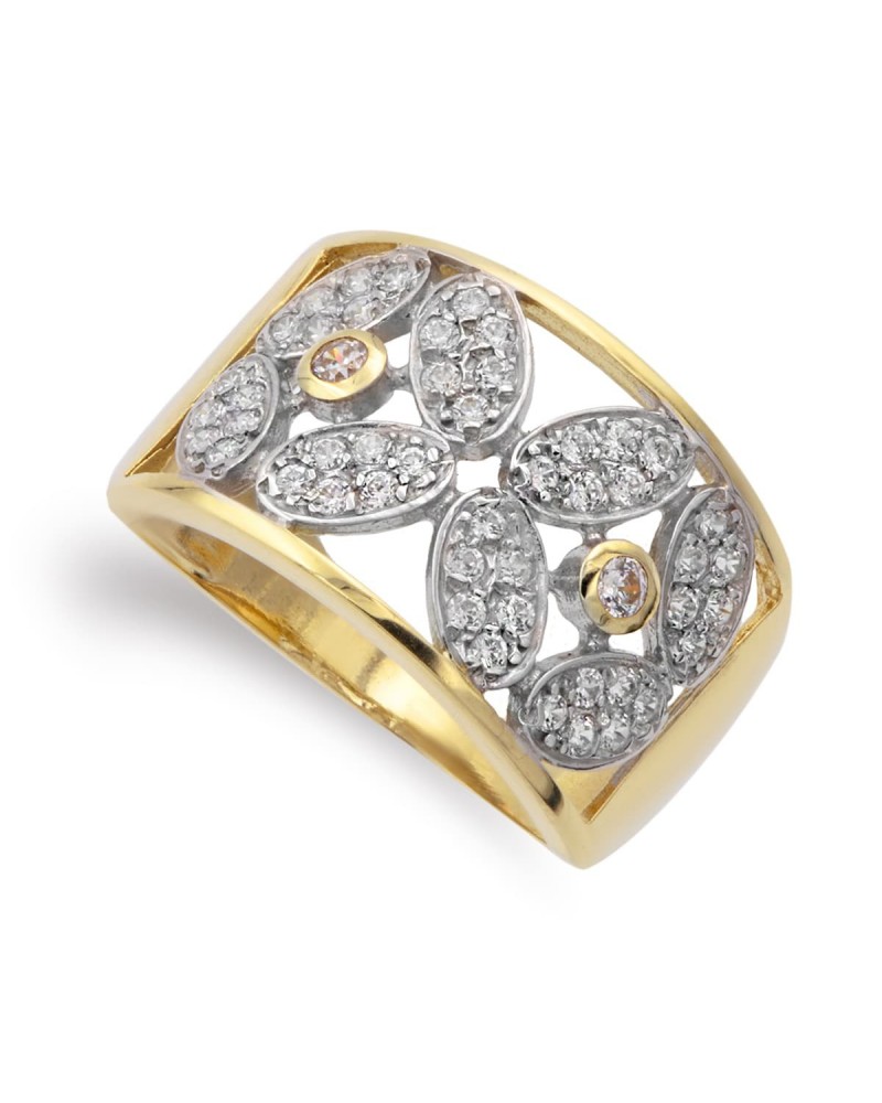 Sortija oro 18k bicolor motivos florales circonita 13mm
