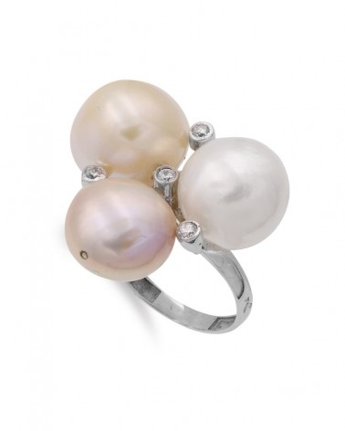 Sortija oro blanco 18k tres perlas barrocas circonitas 25mm