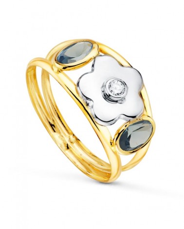 Sortija oro 18k bicolor flor aguamarina circonita 9mm