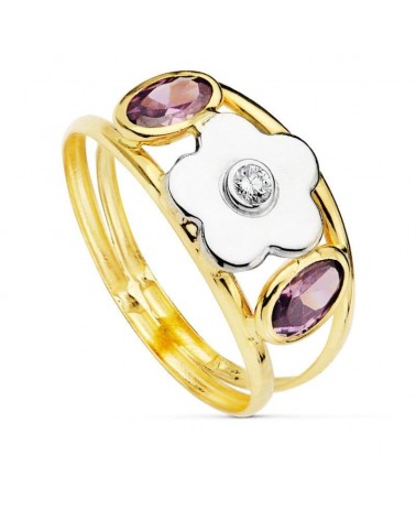 Sortija oro 18k bicolor flor circonita amatistas 9mm