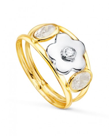 Sortija oro 18k bicolor flor circonita 9mm