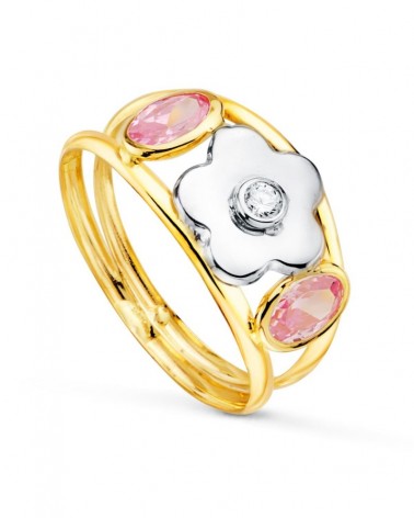 Sortija oro 18k bicolor flor circonita rosa 9mm