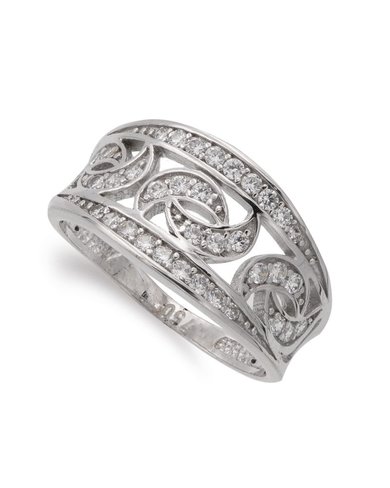 Sortija oro blanco 18k circonitas ancho 11mm