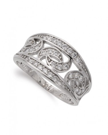Sortija oro blanco 18k circonitas ancho 11mm