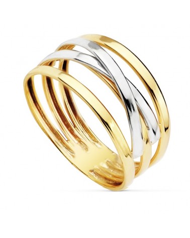 Sortija oro 18k bicolor bandas entrecruzadas 10 mm