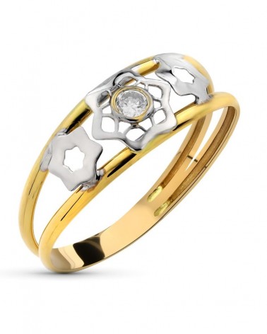 Anillo oro 18k bicolor flor circonita doble aro 6,5mm