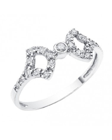 Sortija oro blanco 18k doble corazón circonitas