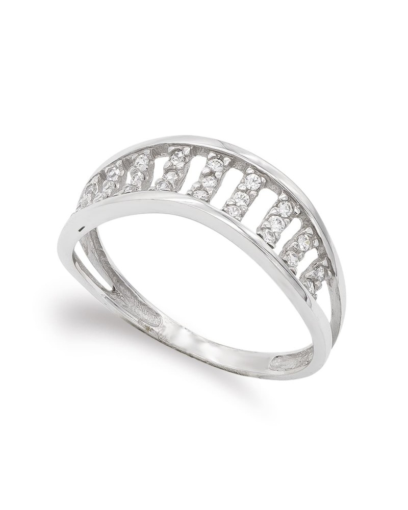 Sortija oro blanco 18k circonitas diseño geométrico 6,5mm